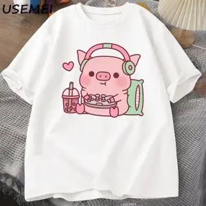 Sevimli Küçük Domuzcuk Gamer Kulaklıklar ile TErkek Kadın Rahat Kısa Kollu Moda Ekip 3033