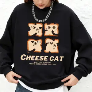 Sevimli Peynirli Ekmek Kedi Baskılı Kapüşonlu Üstler Kadınlar İçin Kışlık Jogger Sıcak Sweats