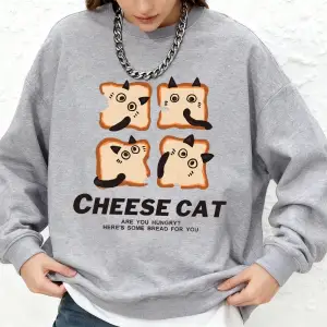 Sevimli Peynirli Ekmek Kedi Baskılı Kapüşonlu Üstler Kadınlar İçin Kışlık Jogger Sıcak Sweats