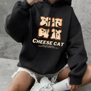 Sevimli Peynirli Ekmek Kedi Baskılı Tişörtü Kadın Kış Polar Sıcak Kapüşonlular Temel Crewneck