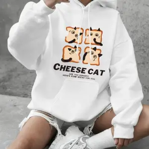 Sevimli Peynirli Ekmek Kedi Baskılı Tişörtü Kadın Kış Polar Sıcak Kapüşonlular Temel Crewneck