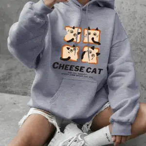 Sevimli Peynirli Ekmek Kedi Baskılı Tişörtü Kadın Kış Polar Sıcak Kapüşonlular Temel Crewneck