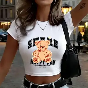 Share Happy Day Teddy Bear Baskılı Kadın Babby TeeTişörtleri Yazlık Yüksek Esnek Yumuşak Üstler İ