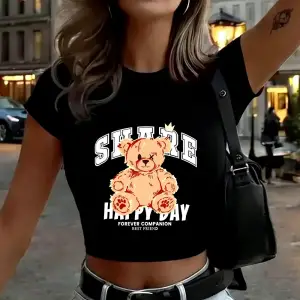 Share Happy Day Teddy Bear Baskılı Kadın Babby TeeTişörtleri Yazlık Yüksek Esnek Yumuşak Üstler İ