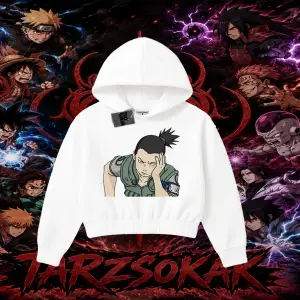 Shikamaru Nara Naruto Anime Karakter Kadın Crop Kapşonlu Sweatshirt Beyaz