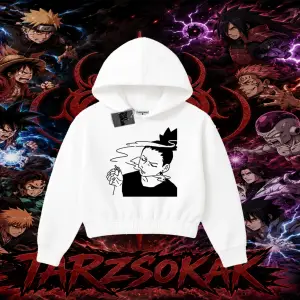 Shikamaru Nara Naruto Anime Karakter Kadın Crop Kapşonlu Sweatshirt Beyaz