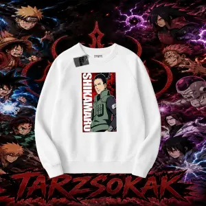 Shikamaru Nara Naruto Anime Karakter Oversize Unisex Bisiklet Yaka Sweatshirt Beyaz