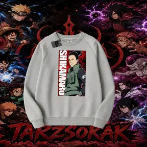 Shikamaru Nara Naruto Anime Karakter Oversize Unisex Bisiklet Yaka Sweatshirt Beyaz