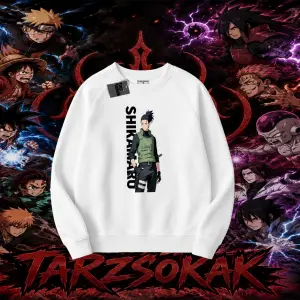 Shikamaru Nara Naruto Anime Karakter Oversize Unisex Bisiklet Yaka Sweatshirt Beyaz