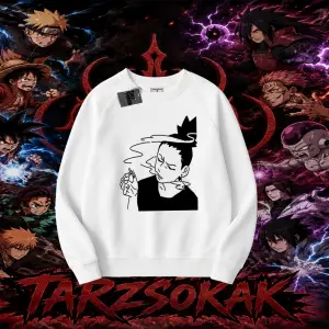 Shikamaru Nara Naruto Anime Karakter Oversize Unisex Bisiklet Yaka Sweatshirt Beyaz