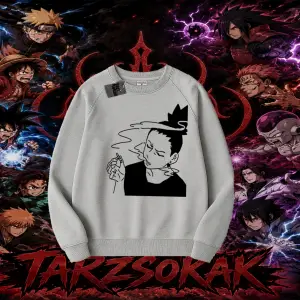 Shikamaru Nara Naruto Anime Karakter Oversize Unisex Bisiklet Yaka Sweatshirt Beyaz