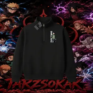Shikamaru Nara Naruto Anime Karakter Unisex Polo Yaka Yarım Fermuarlı Sweatshirt Beyaz