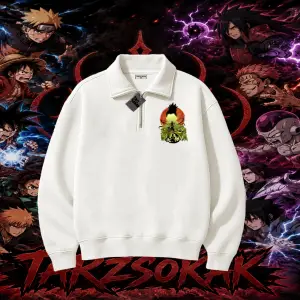 Shikamaru Nara Naruto Anime Karakter Unisex Polo Yaka Yarım Fermuarlı Sweatshirt Beyaz