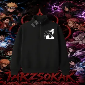 Shikamaru Nara Naruto Anime Karakter Unisex Polo Yaka Yarım Fermuarlı Sweatshirt Beyaz