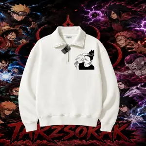 Shikamaru Nara Naruto Anime Karakter Unisex Polo Yaka Yarım Fermuarlı Sweatshirt Beyaz