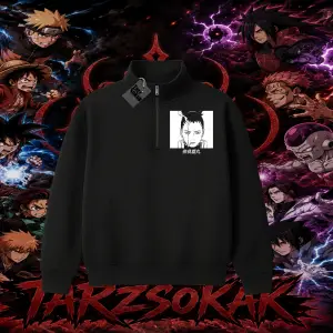 Shikamaru Nara Naruto Anime Karakter Unisex Polo Yaka Yarım Fermuarlı Sweatshirt Beyaz