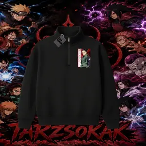 Shikamaru Nara Naruto Anime Karakter Unisex Polo Yaka Yarım Fermuarlı Sweatshirt Beyaz