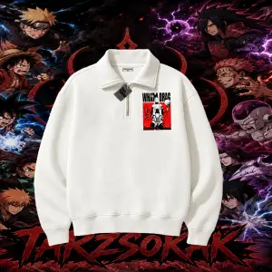 Shikamaru Nara Naruto Anime Karakter Unisex Polo Yaka Yarım Fermuarlı Sweatshirt Beyaz
