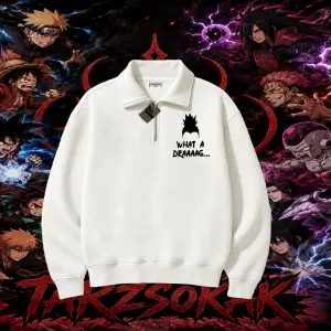 Shikamaru Nara Naruto Anime Karakter Unisex Polo Yaka Yarım Fermuarlı Sweatshirt Beyaz