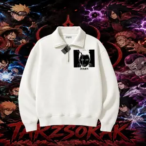 Shikamaru Nara Naruto Anime Karakter Unisex Polo Yaka Yarım Fermuarlı Sweatshirt Beyaz