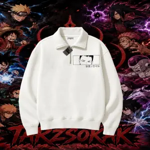 Shikamaru Nara Naruto Anime Karakter Unisex Polo Yaka Yarım Fermuarlı Sweatshirt Beyaz
