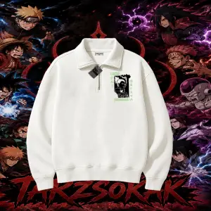 Shikamaru Nara Naruto Anime Karakter Unisex Polo Yaka Yarım Fermuarlı Sweatshirt Beyaz