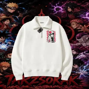 Shikamaru Nara Naruto Anime Karakter Unisex Polo Yaka Yarım Fermuarlı Sweatshirt Beyaz