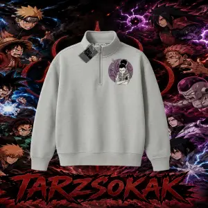 Shikamaru Nara Naruto Anime Karakter Unisex Polo Yaka Yarım Fermuarlı Sweatshirt Beyaz