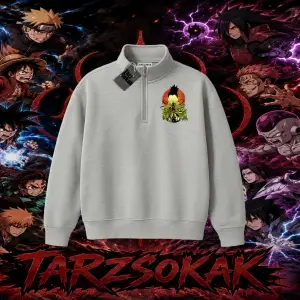 Shikamaru Nara Naruto Anime Karakter Unisex Polo Yaka Yarım Fermuarlı Sweatshirt Beyaz