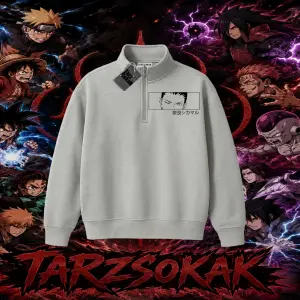 Shikamaru Nara Naruto Anime Karakter Unisex Polo Yaka Yarım Fermuarlı Sweatshirt Beyaz