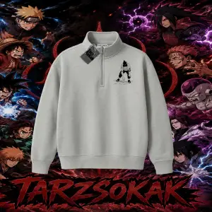Shikamaru Nara Naruto Anime Karakter Unisex Polo Yaka Yarım Fermuarlı Sweatshirt Beyaz