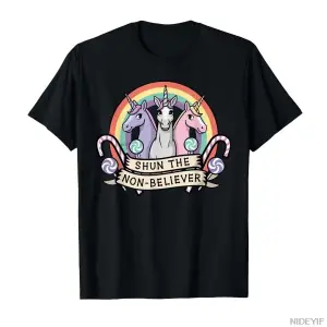 Shun The Non-Believer Komik Unicorn Meme Mizah T-shirt Erkekler Kadınlar Için % 100% Pamuk T