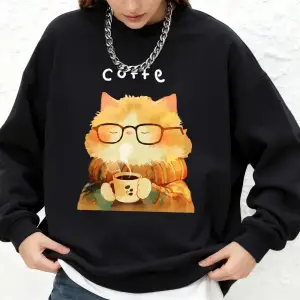 Sıcak bir kedi kahve içiyor baskılı kazak kadın rahat sıcak uzun kollu kapüşonlu üst Jogger o