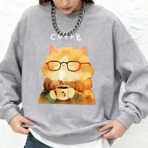 Sıcak bir kedi kahve içiyor baskılı kazak kadın rahat sıcak uzun kollu kapüşonlu üst Jogger o