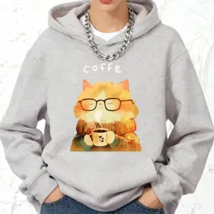 Sıcak Bir Kedi Kahve İçiyor Baskılı Pamuklu Kapüşonlu Üstler Kadınlar İçin Sportif Bol Sweats