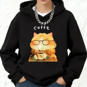 Sıcak Bir Kedi Kahve İçiyor Baskılı Pamuklu Kapüşonlu Üstler Kadınlar İçin Sportif Bol Sweats