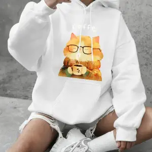 Sıcak Bir Kedi Kahve İçiyor Baskılı Sweatshirtler Kadınlar İçin Kışlık Polar Sıcak Kapüşonlu