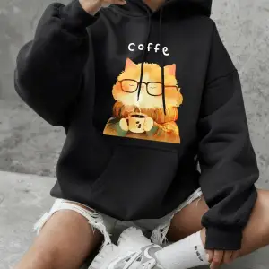 Sıcak Bir Kedi Kahve İçiyor Baskılı Sweatshirtler Kadınlar İçin Kışlık Polar Sıcak Kapüşonlu