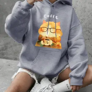 Sıcak Bir Kedi Kahve İçiyor Baskılı Sweatshirtler Kadınlar İçin Kışlık Polar Sıcak Kapüşonlu