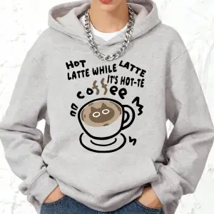 Sıcak Latte Kedi Baskılı Kapüşonlu Sweatshirt Pamuklu Kadın Sportif Bol Sweatshirt Kışlık Pol