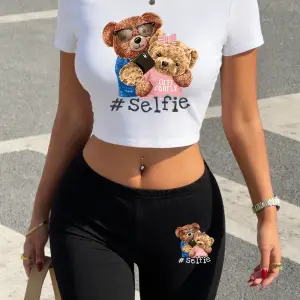 Sıcak Tatlı Çift Ayılar Selfie Baskılı Babby Teelar Şortlar Kadın Yazlık İki Parçalı Set Tişör