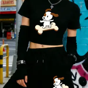 Sıcak Tatlı Çizgi Film Köpek Baskılı Babby TeeTişört Şort Kadın Yazlık İki Parça Takım Diz Boyu P