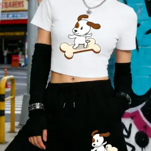 Sıcak Tatlı Çizgi Film Köpek Baskılı Babby TeeTişört Şort Kadın Yazlık İki Parça Takım Diz Boyu P