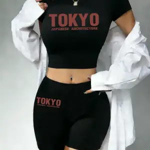 Sıcak Tatlı Japon Tokyo Harfli Baskılı Babby Tee ve Şort Kadın İki Parça Takım Tişört Yüksek E