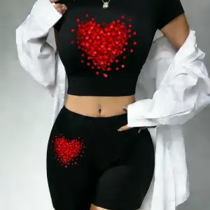 Sıcak Tatlı Kırmızı Kalp Grafik Baskılı Babby Tee Şort Kadın İki Parça Takım Tişört Pantolon D