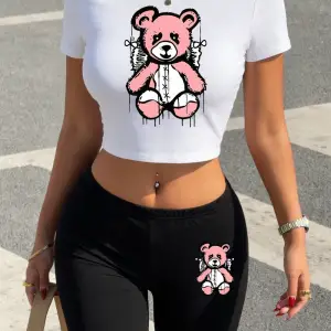 Sıcak Tatlı Sevimli Ayı Dinlenmeye Hazırlanan Baskılı Babby Teelar Şortlar Kadın İki Parçalı S