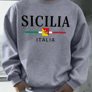 Sicilia İtalya Bayrağı Baskılı Kazak Adam O-Boyun Yumuşak Gevşek Sokak Şıklığı Rahat Polar Ho