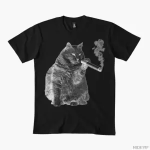 Sigara içen kedi siyah beyaz tişört erkekler kadınlar için % 100% pamuklu tişörtler kısa koll
