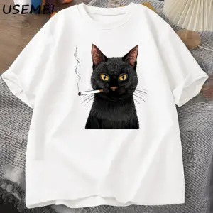 Sigara Kedi T-Shirt Erkekler Komik Y2K Vintage Trendy Streetweed Grafik T Shirt Sinirli Kedi 2840