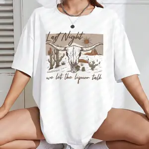 Sığır ve Slogan Grafikli Düşük Omuzlu Tişört